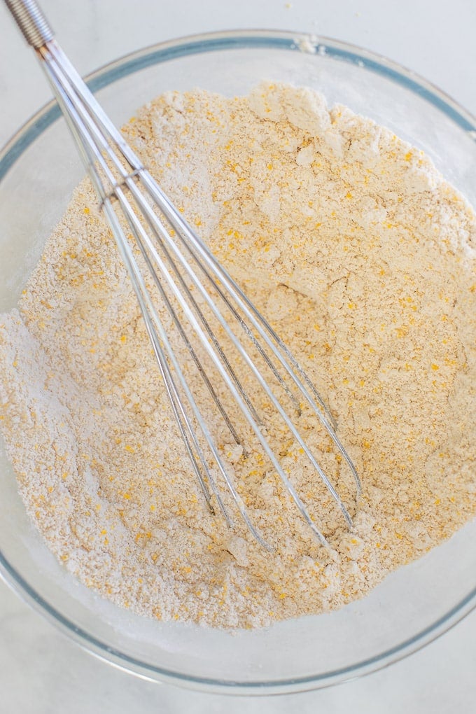 dry ingredients for gluten-free lemon cake in a bowl