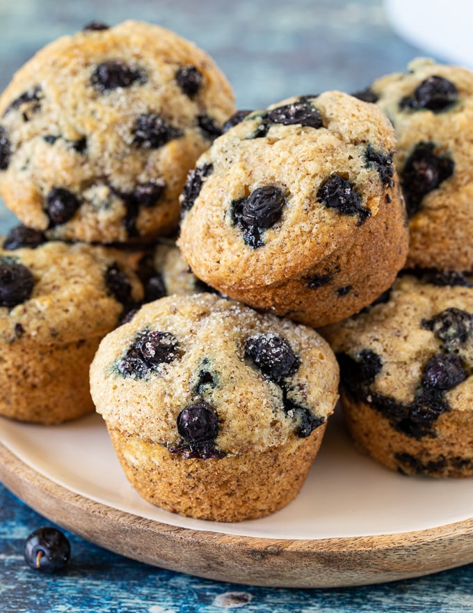 close up photo of vega blueberry muffins on a plate