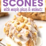 Vegan Banana Scones with just the right amount of density, flake and fluff, a delicious crust, super yum banana bread taste, toasty nuts, and an over-the-top splatter of maple glaze. 