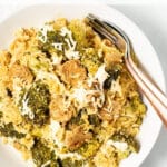 From scratch, super-easy, Vegan Broccoli Rice Casserole with creamy rice, tender broccoli and surprise sausage-y bites. Put everything in the dish raw then bake. Minimal prep, minimal hands on time, maximum comfort!