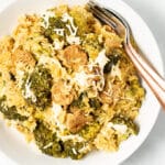 a bowl of vegan broccoli rice casserole