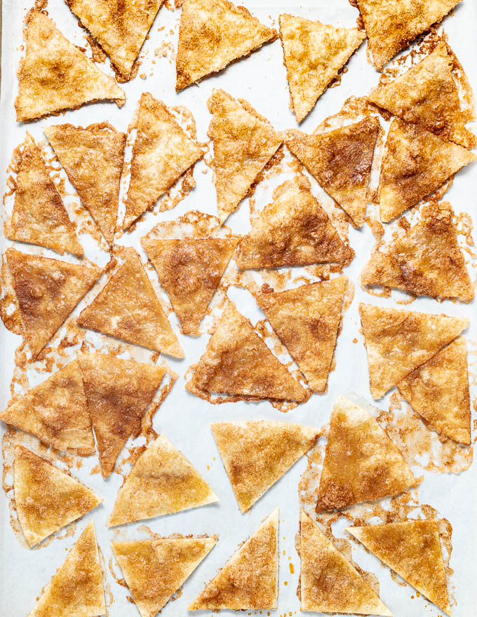 cinnamon chips on a baking tray