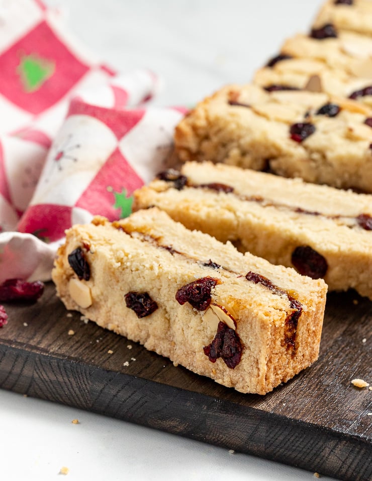 sliced Christmas shortbread on a cutting board