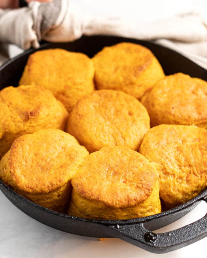 vegan sweet potato biscuits in a skillet
