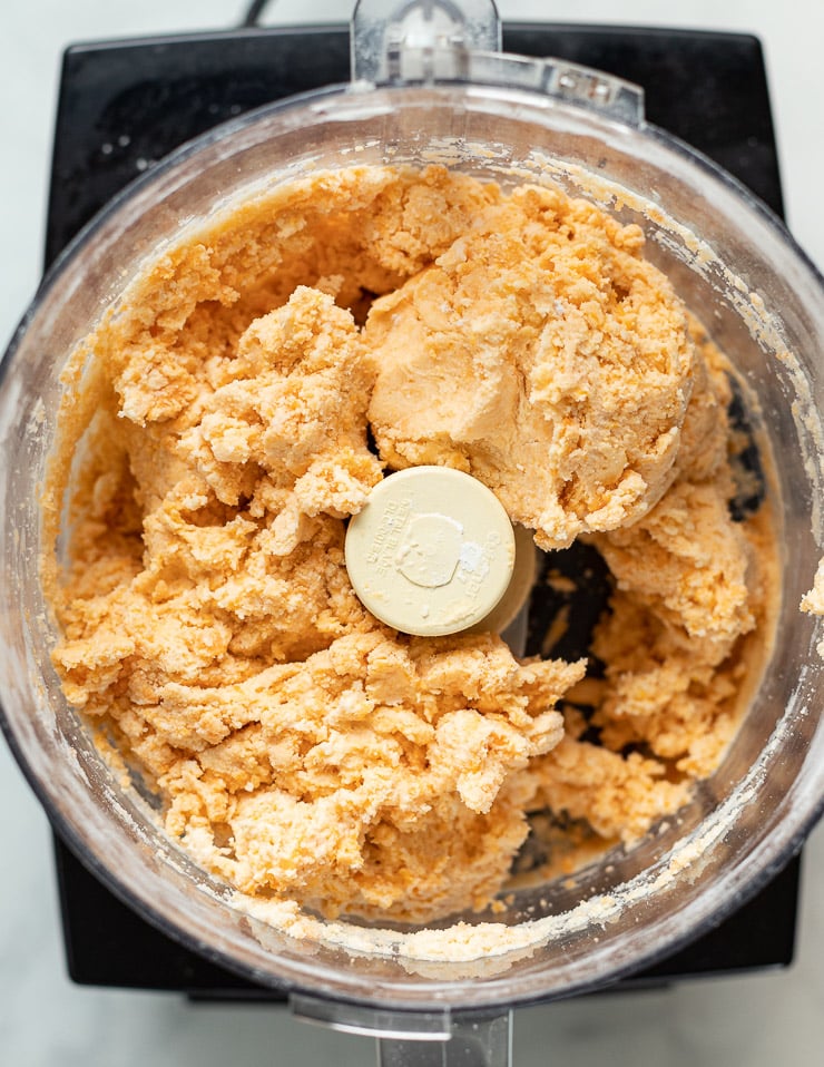 vegan sweet potato biscuit dough in a food processor