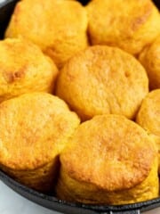 a skillet of vegan sweet potato biscuits