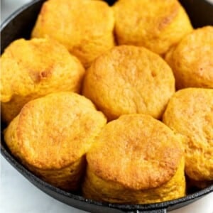 a skillet of vegan sweet potato biscuits