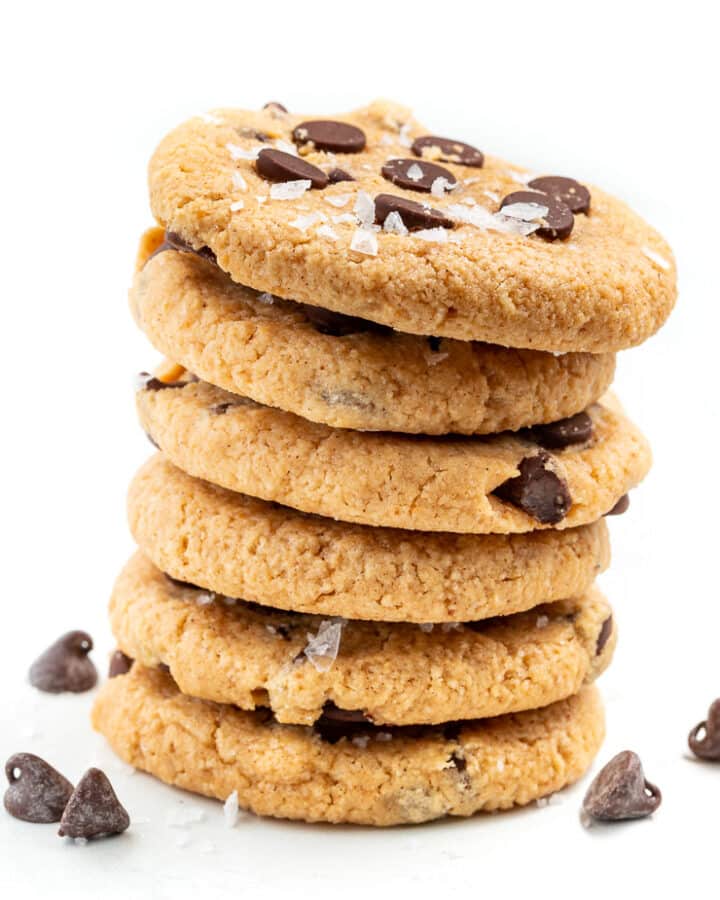 a stack of almond flour chocolate chip cookies