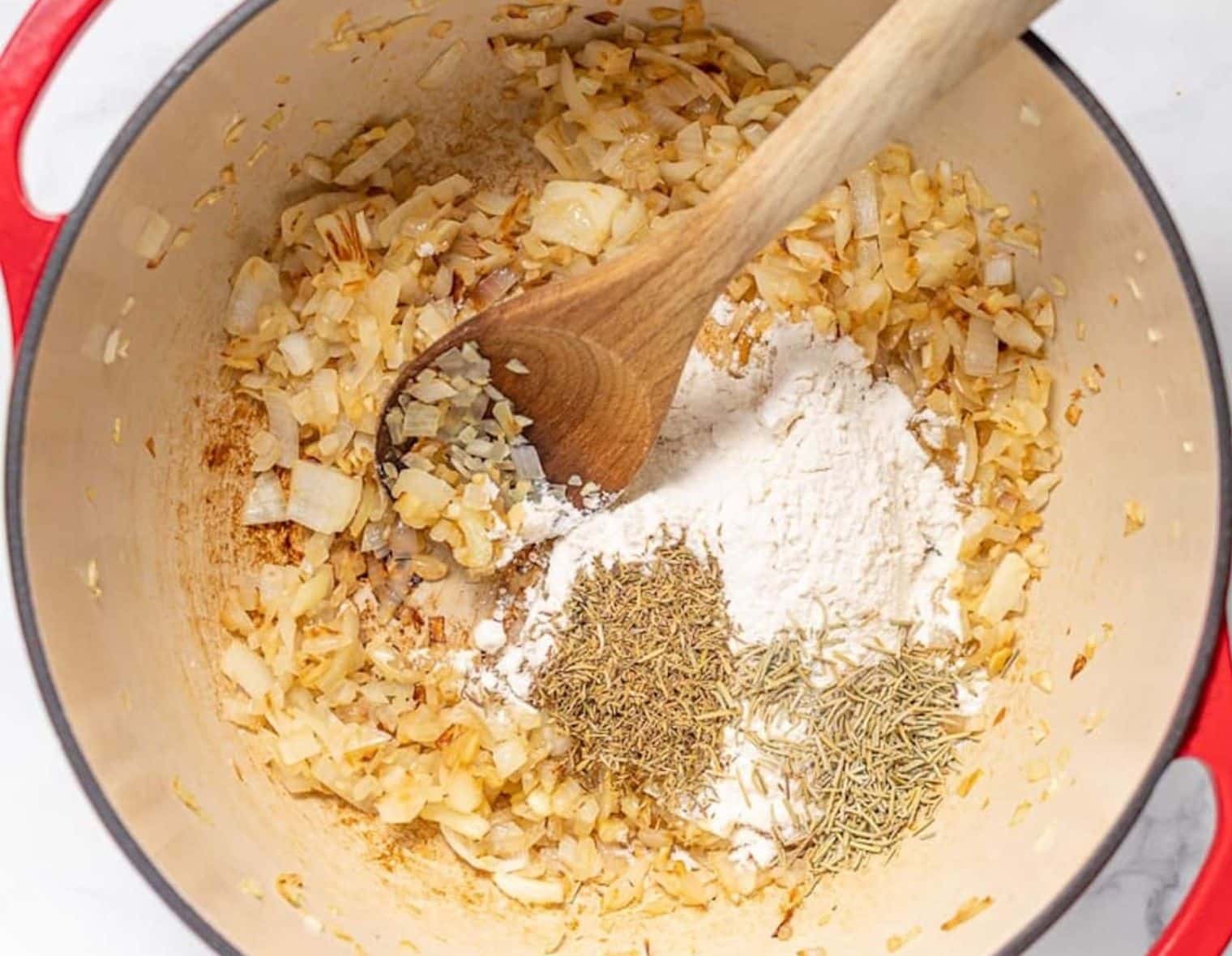 onions, garlic, dried herbs and flour in a Dutch oven