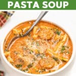One-pot Vegan Italian Sausage Pasta Soup! It’s hearty, rustic and comforting, with a creamy tomato-y soup base, lots of herbs and garlic, vegan sausage chunks and pasta. Ultimate vegan comfort food!