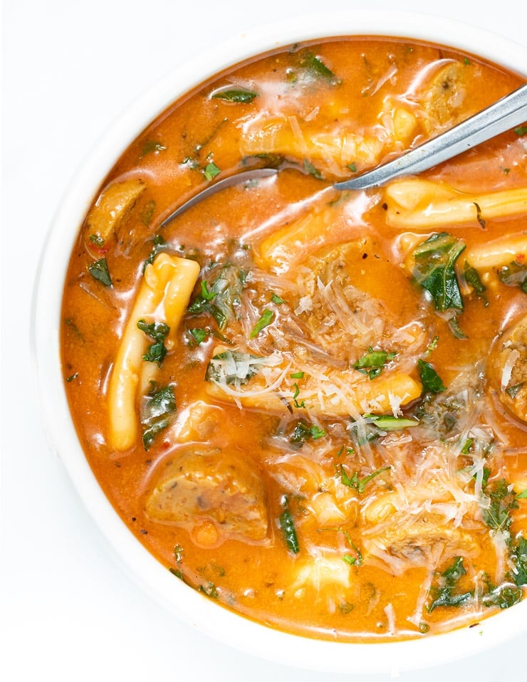 Close up of Italian Sausage Pasta Soup in a bowl