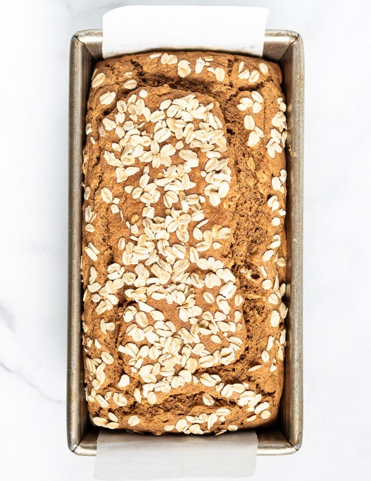 yeast-free spelt bread in a loaf pan