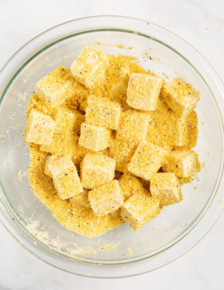 tofu cubes in cornmeal