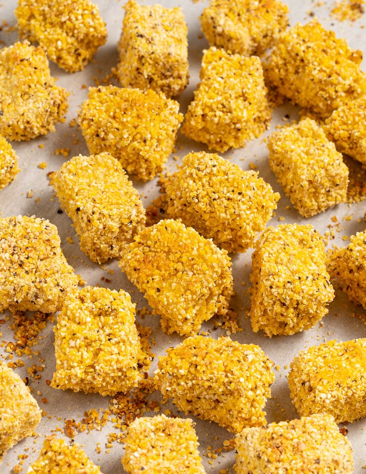 crispy tofu cubes on a baking tray