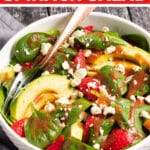 A simple, super tasty Strawberry Spinach Salad made with soft, deep green spinach, ripe juicy strawberries & buttery avocado all finished off with a fresh, oil-free, strawberry vinaigrette and some optional creamy, salty crumbles of vegan feta cheese.