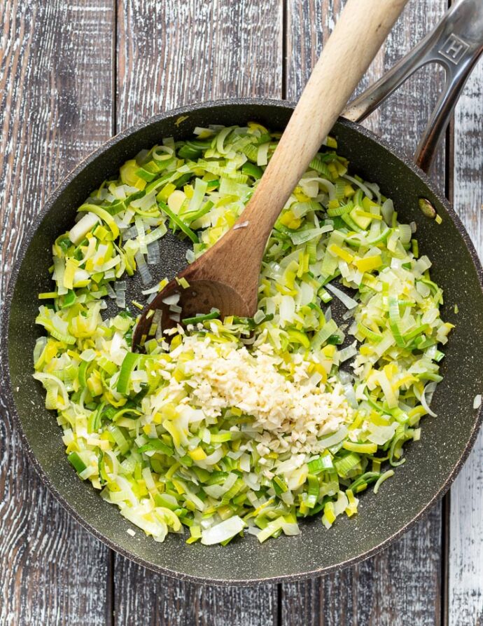 cooked leeks and onions in a pan with some garlic