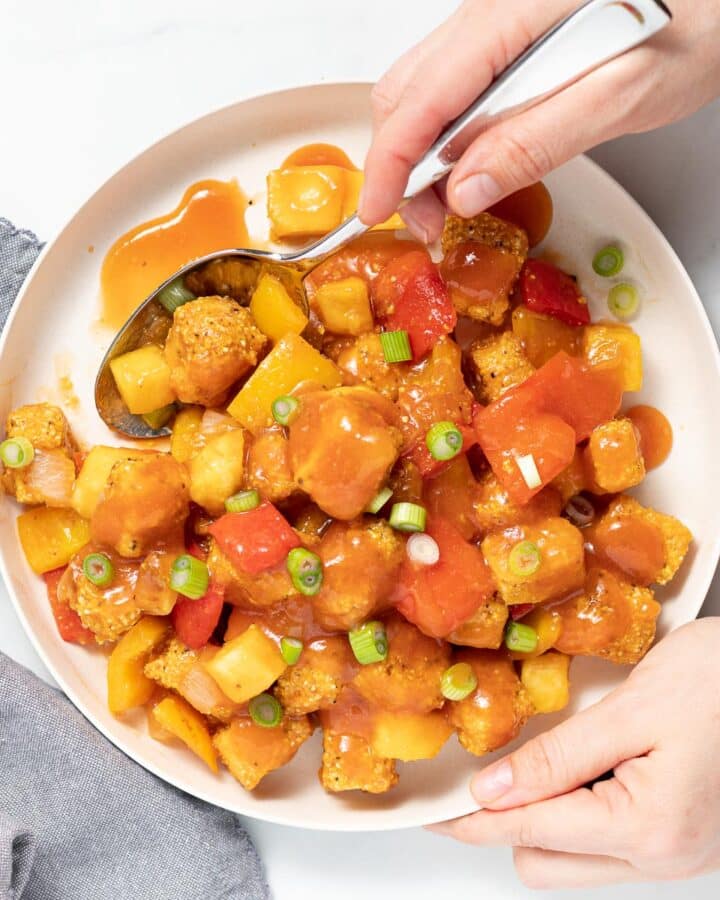 hands holding a plate of sweet and sour tofu