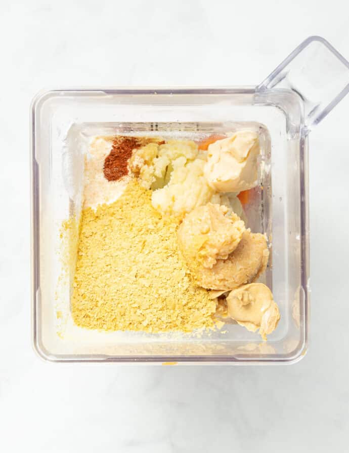 vegan mac and cheese sauce ingredients in a blender jar