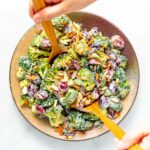 a bowl of vegan broccoli salad