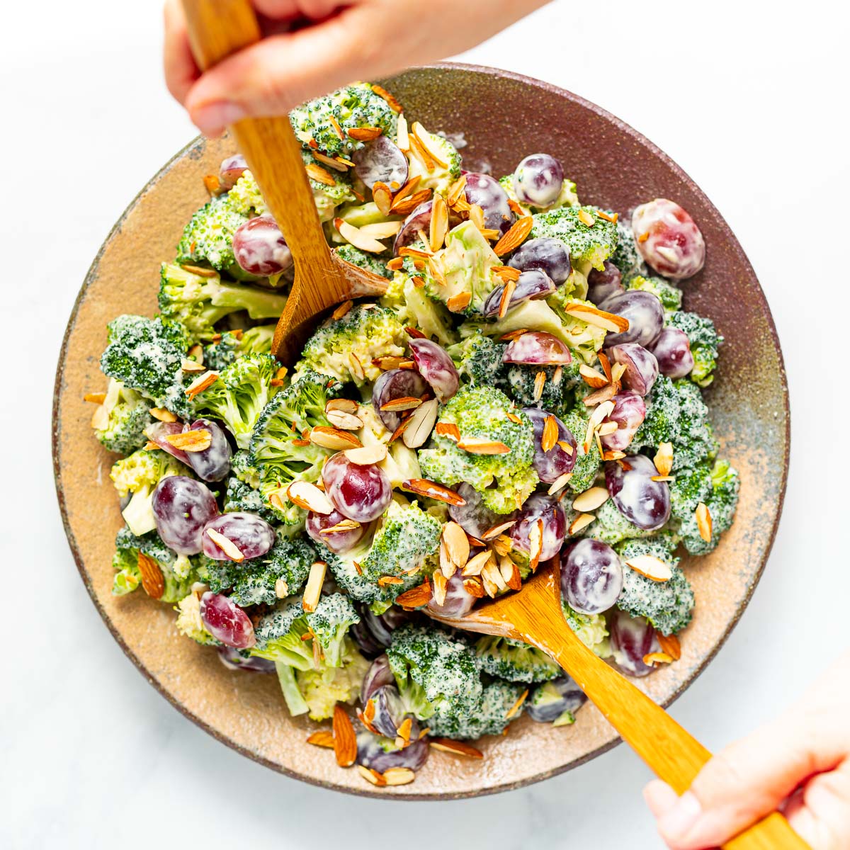 a bowl of vegan broccoli salad