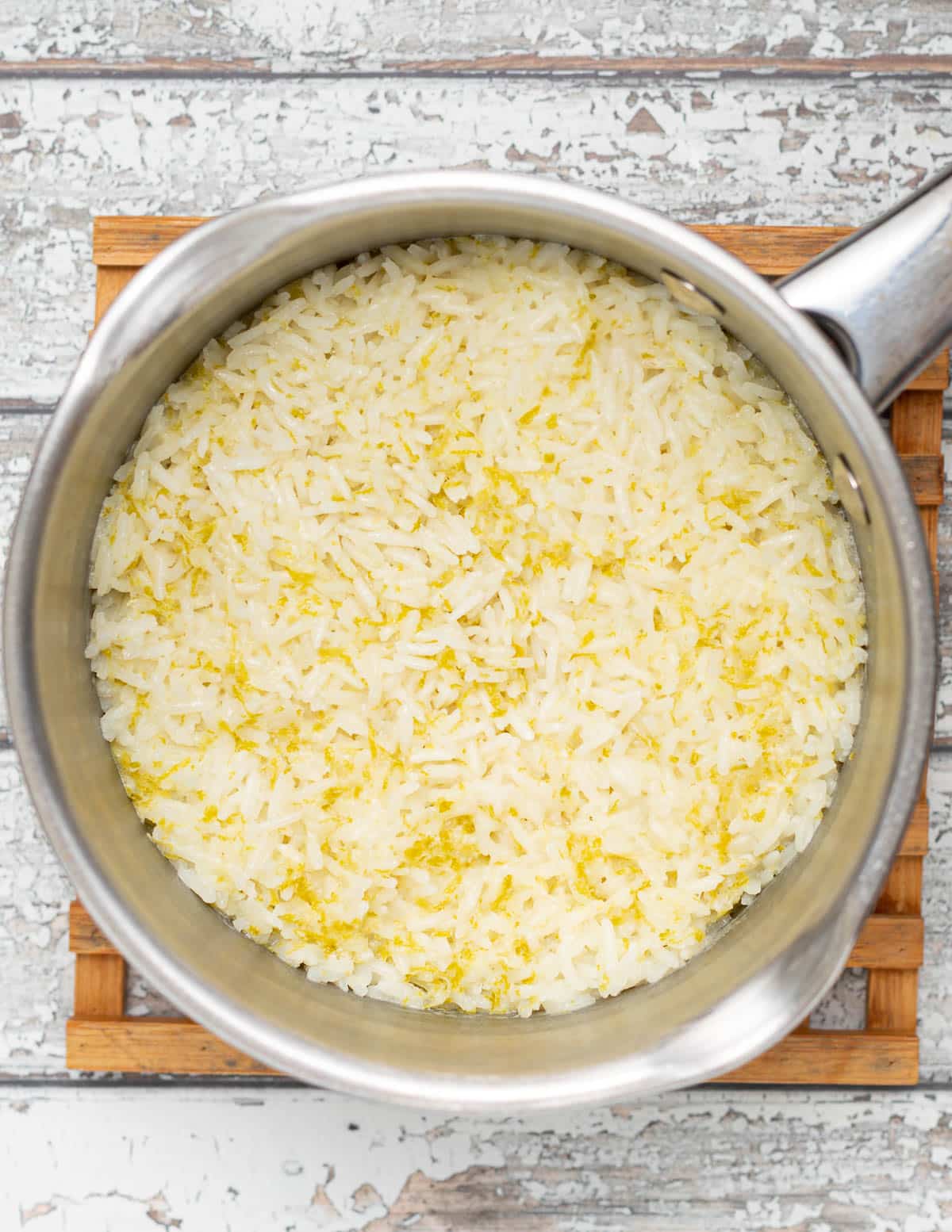 cooked coconut lime rice in a pan