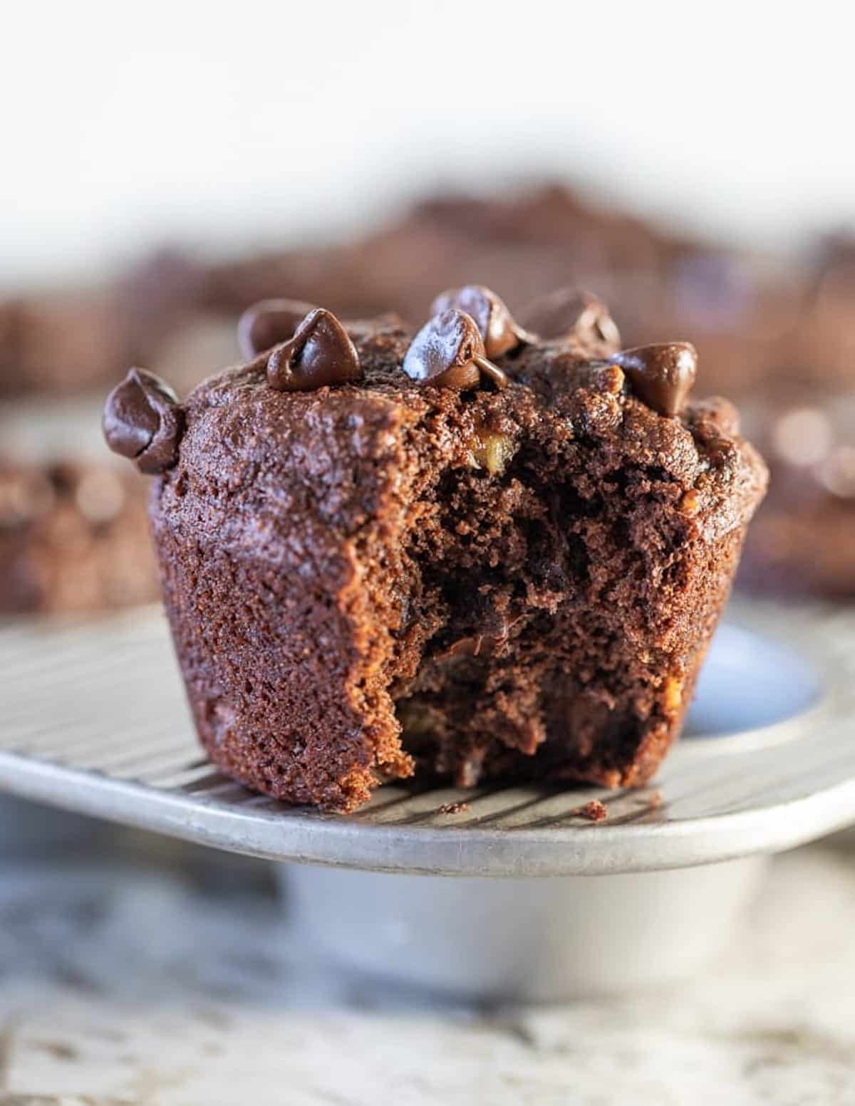 chocolate banana muffin with a bite taken out