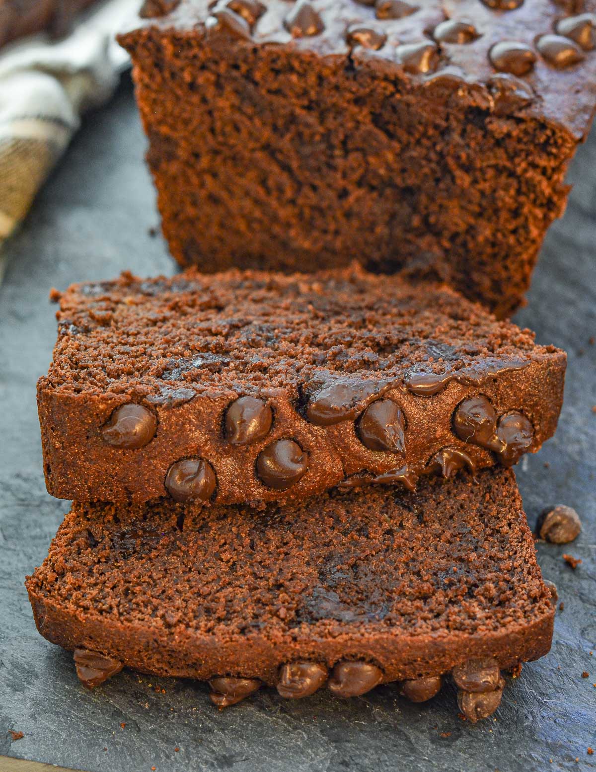 a sliced loaf of chocolate banana bread