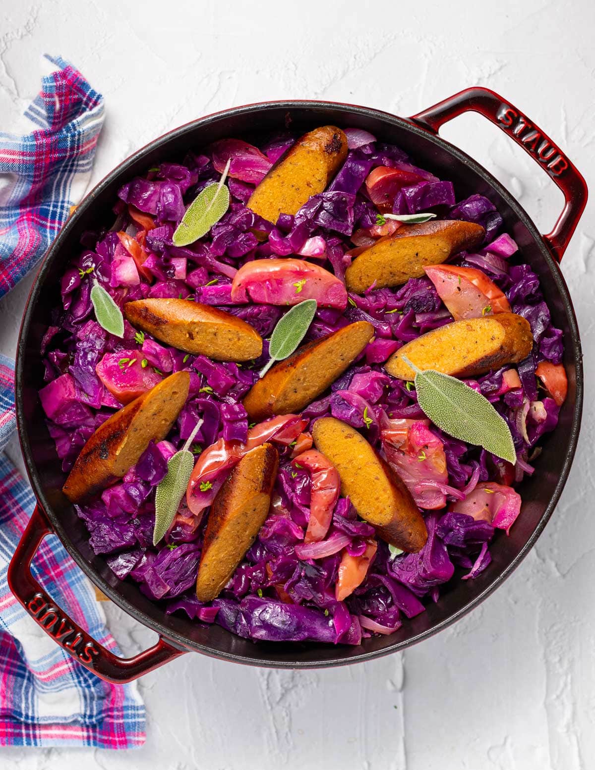 roasted red cabbage with apples and sausages