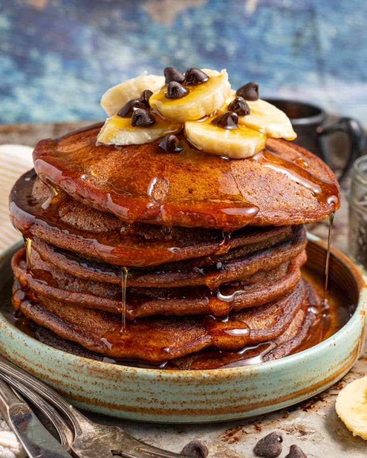 a stack of chocolate banana pancakes