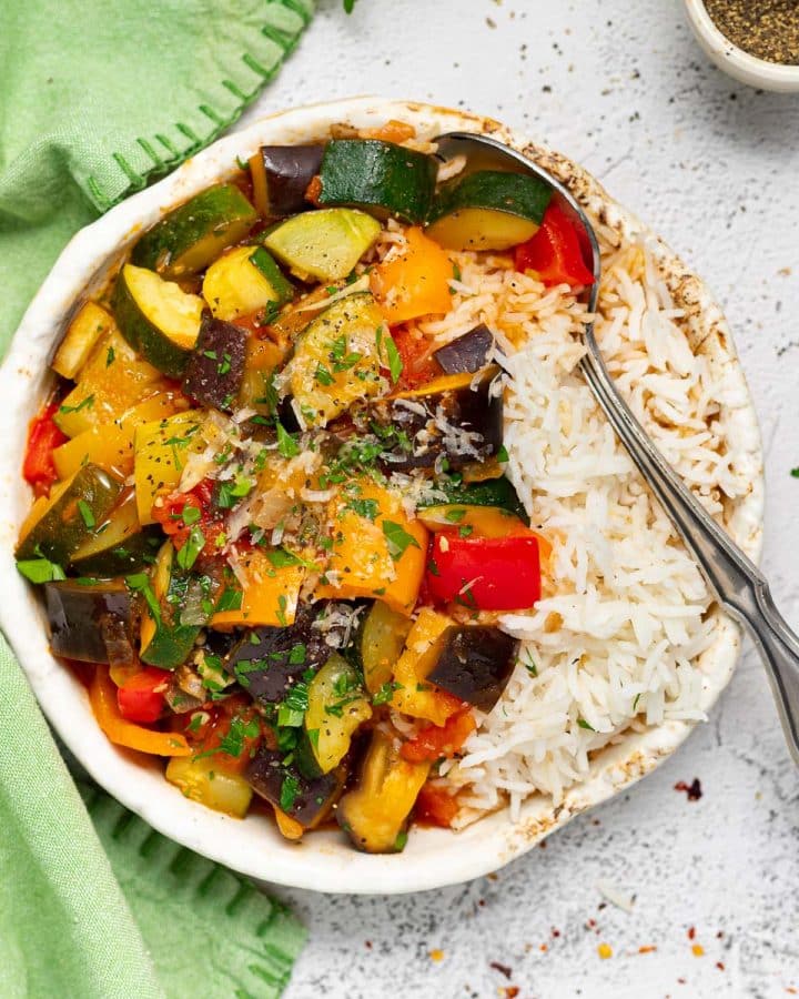 a bowl of ratatouille and rice