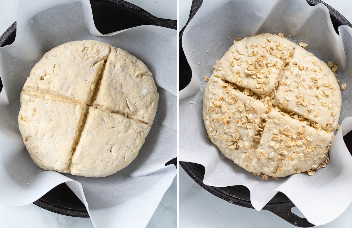 shaped soda bread scored and sprinkled with oats before cooking