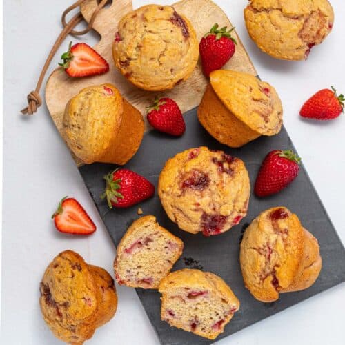 vegan strawberry muffins on a cutting board