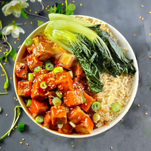 a bowl of tofu, rice and bok choy