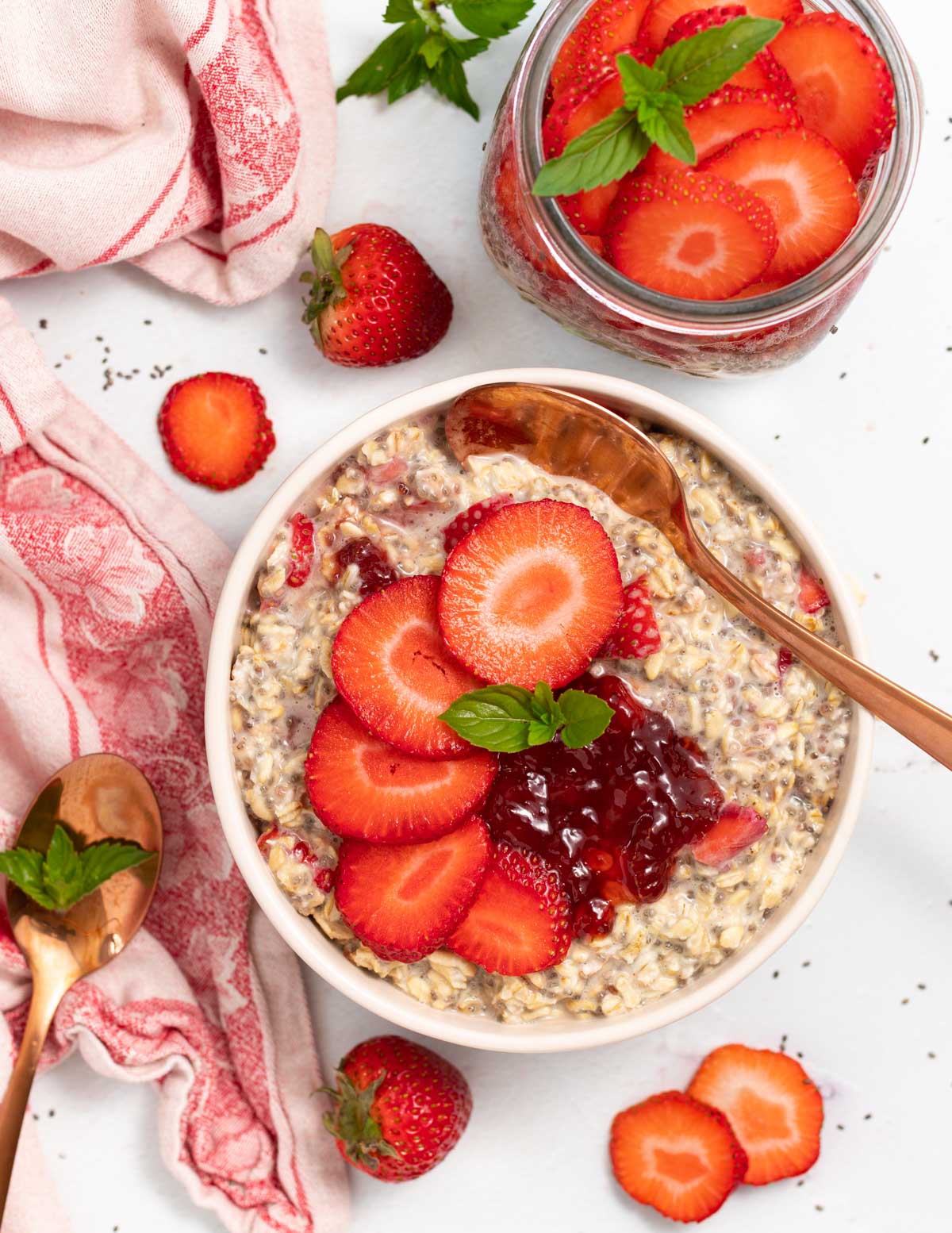 a bowl of strawberry overnight oats