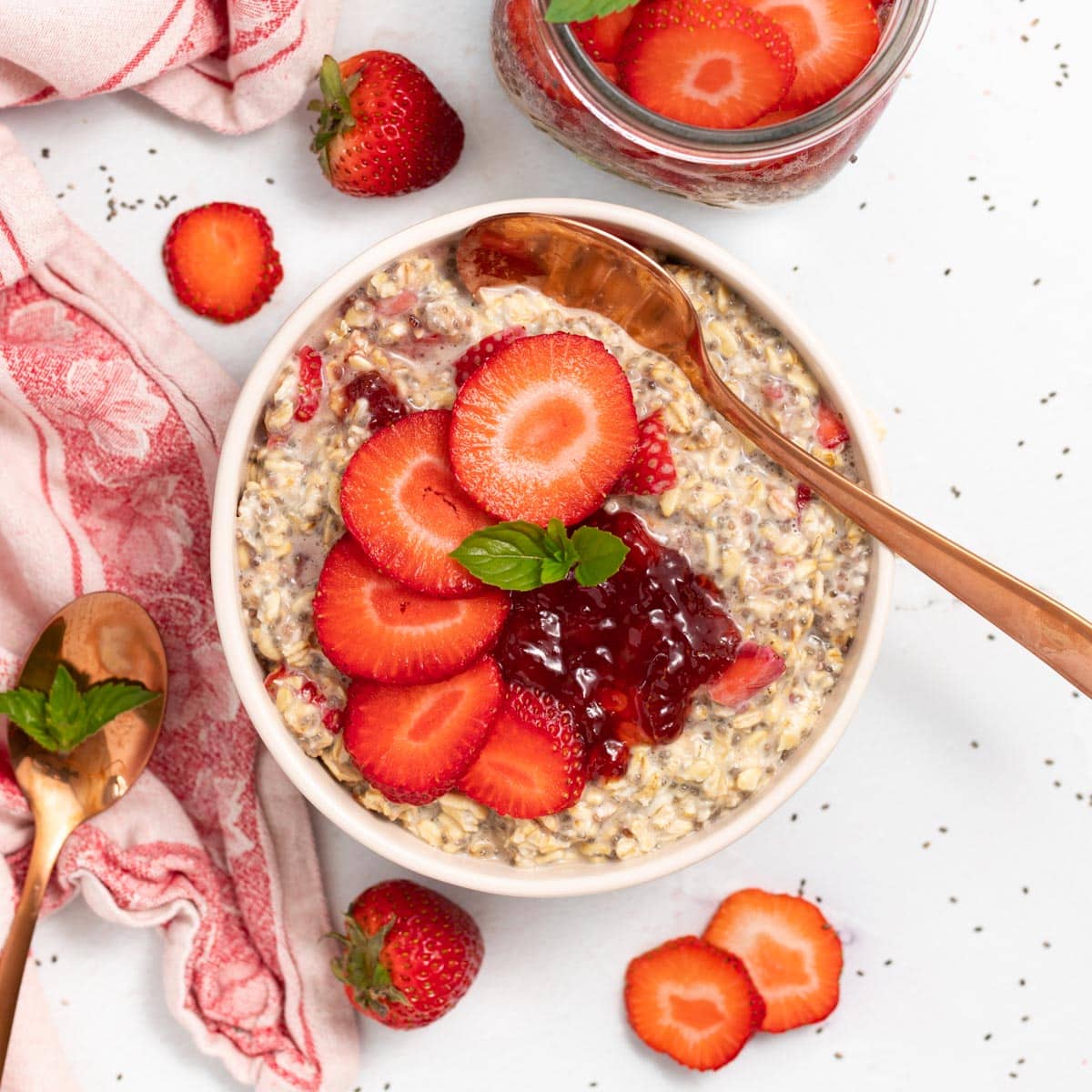 strawberry overnight oats in a bowl