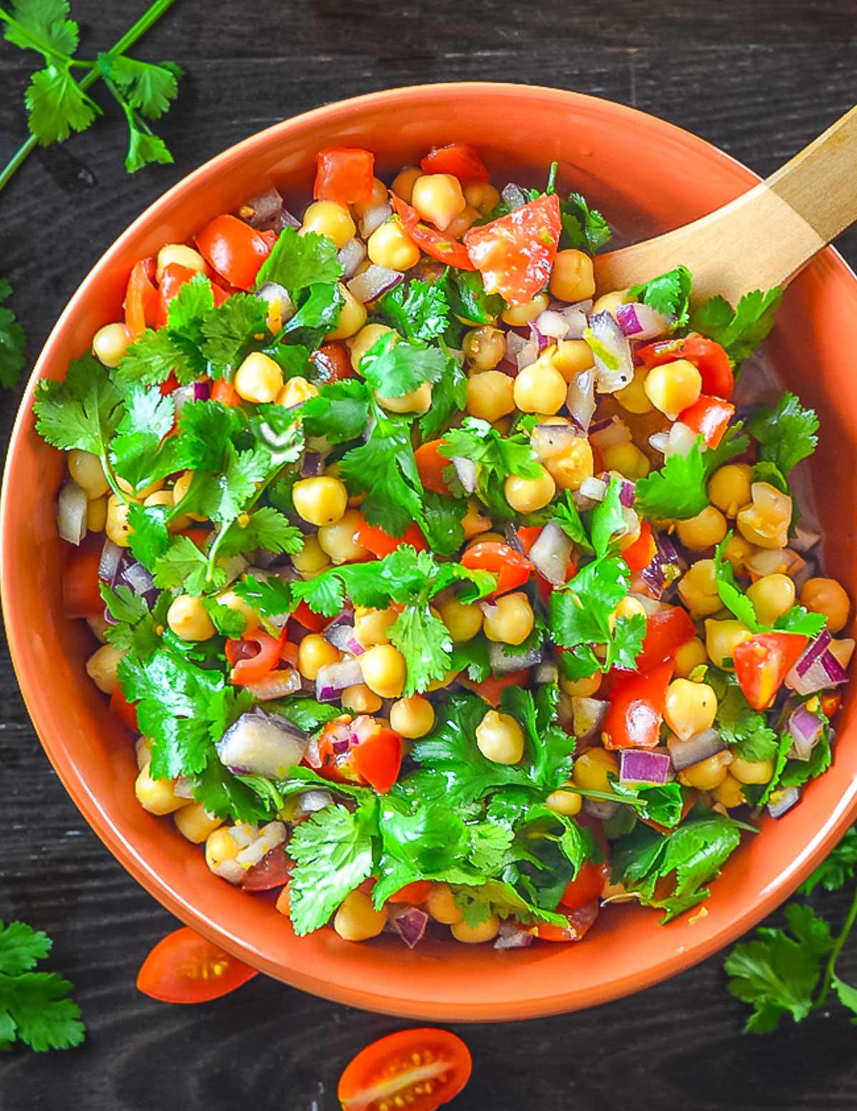 a bowl of tomato chickpea salad