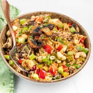 a bowl of mushroom fried rice