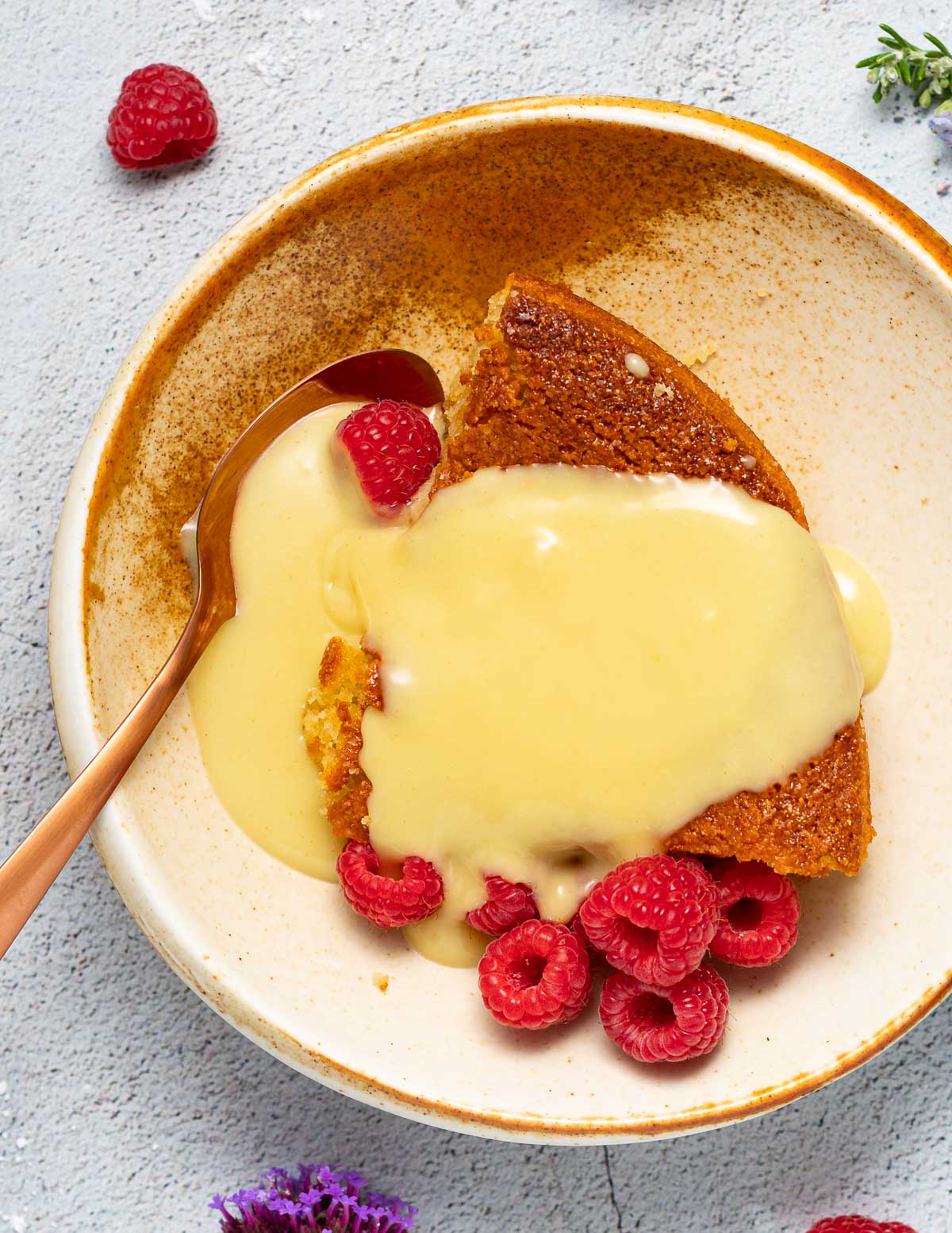 vegan custard over cake in a bowl