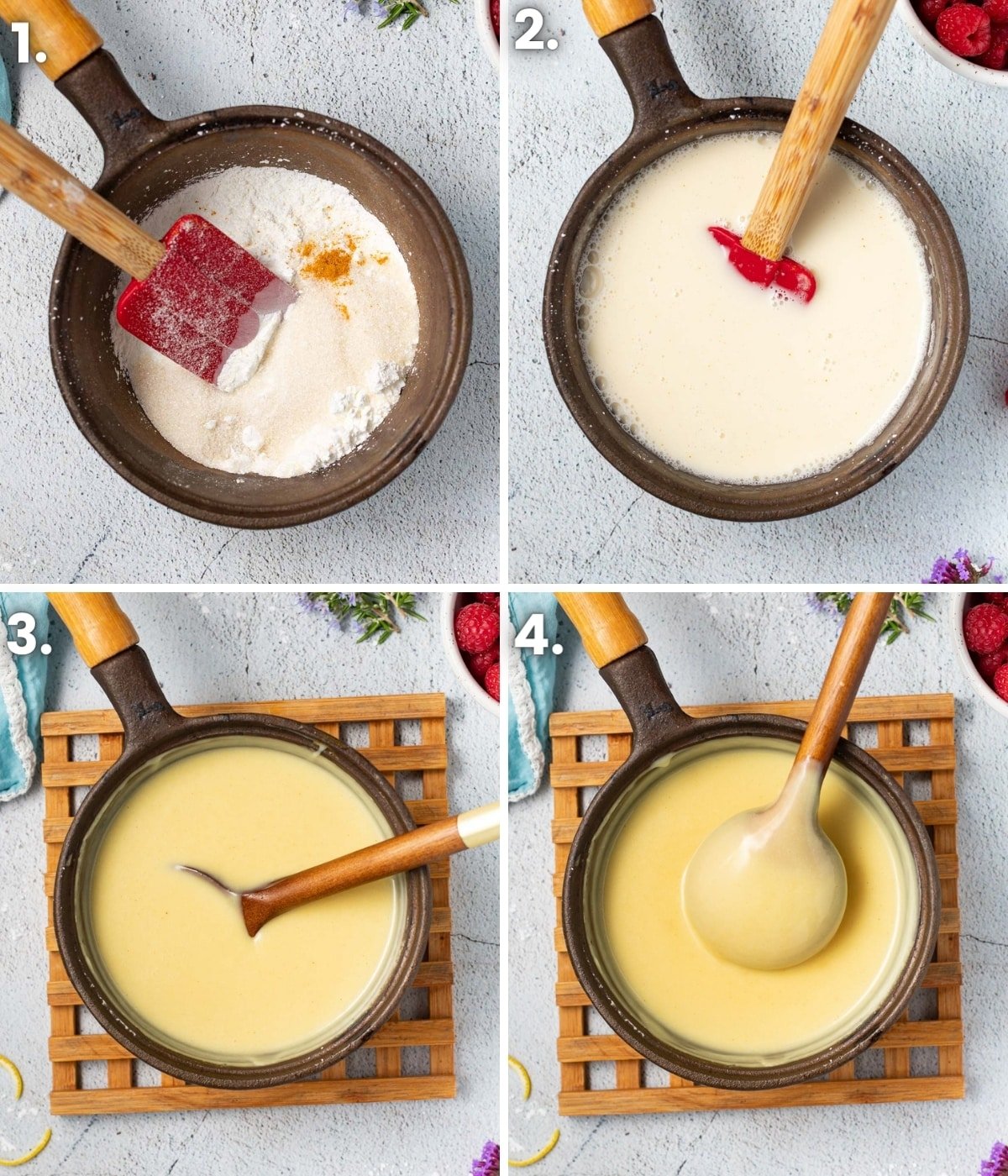 process photos showing how to make vegan custard as per the written instructions