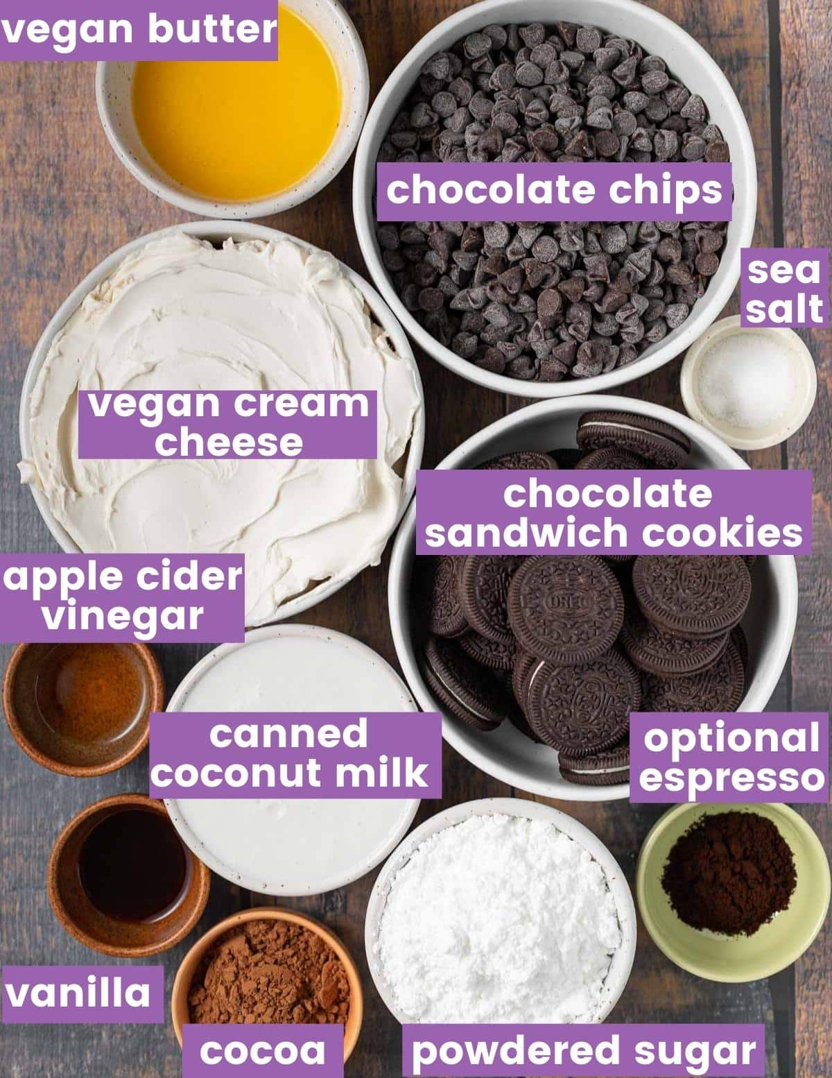 ingredients to make a vegan chocolate cheesecake as per the written ingredient list