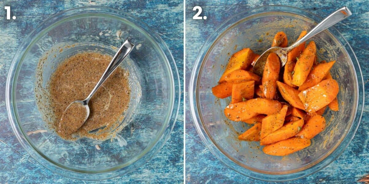 picture 1: melted butter and brown sugar in a bowl. Picture 2: raw carrots tossed in the melted butter/brown sugar mixture