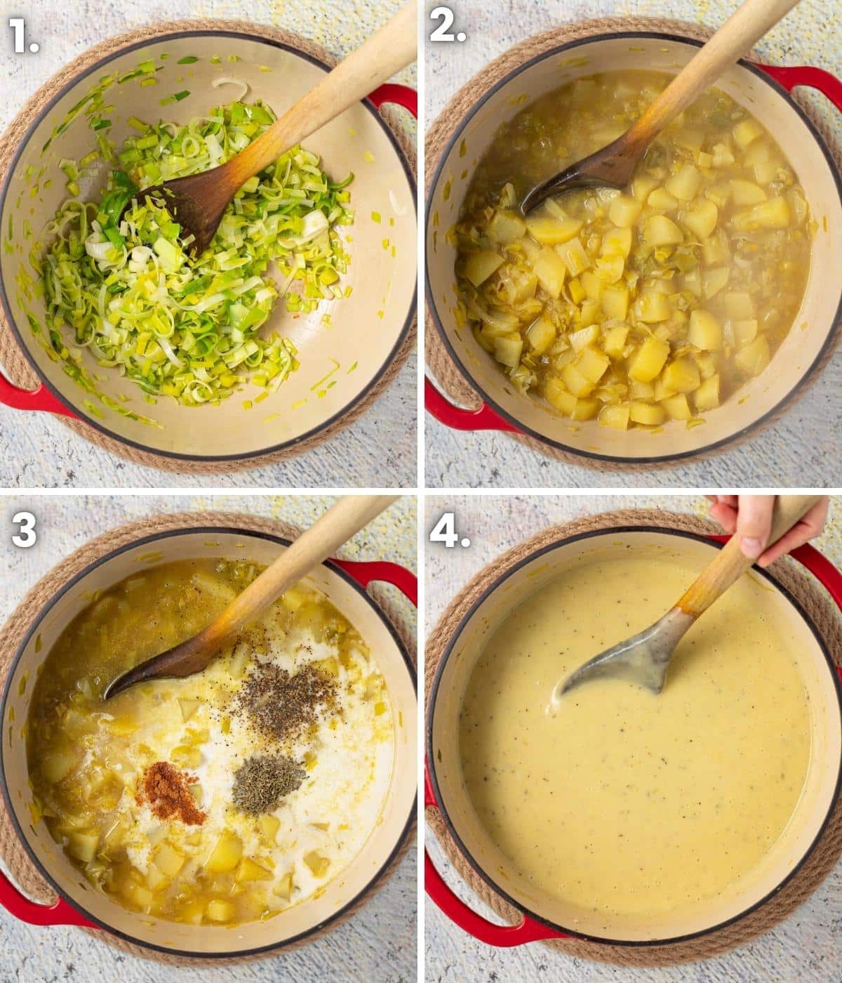how to make vegan leek and potato soup process shots as per the written instructions
