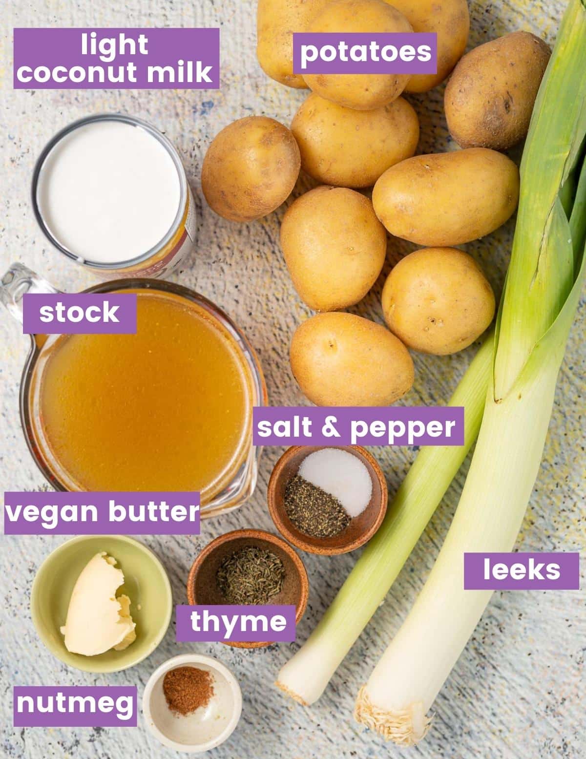 ingredients for vegan leek and potato soup as per the written ingredients list