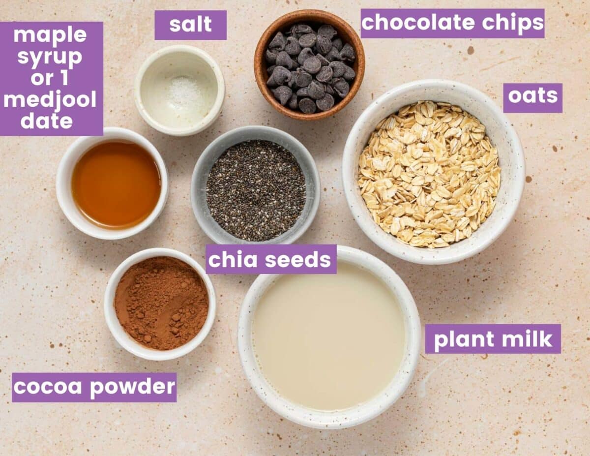 ingredients to make chocolate overnight oats, as per the written ingredient list 