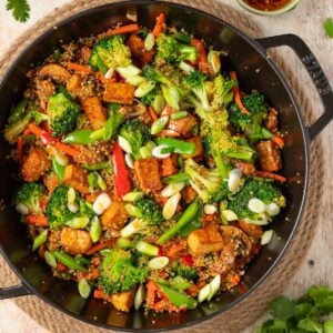 a large pan of tofu quinoa stir fry