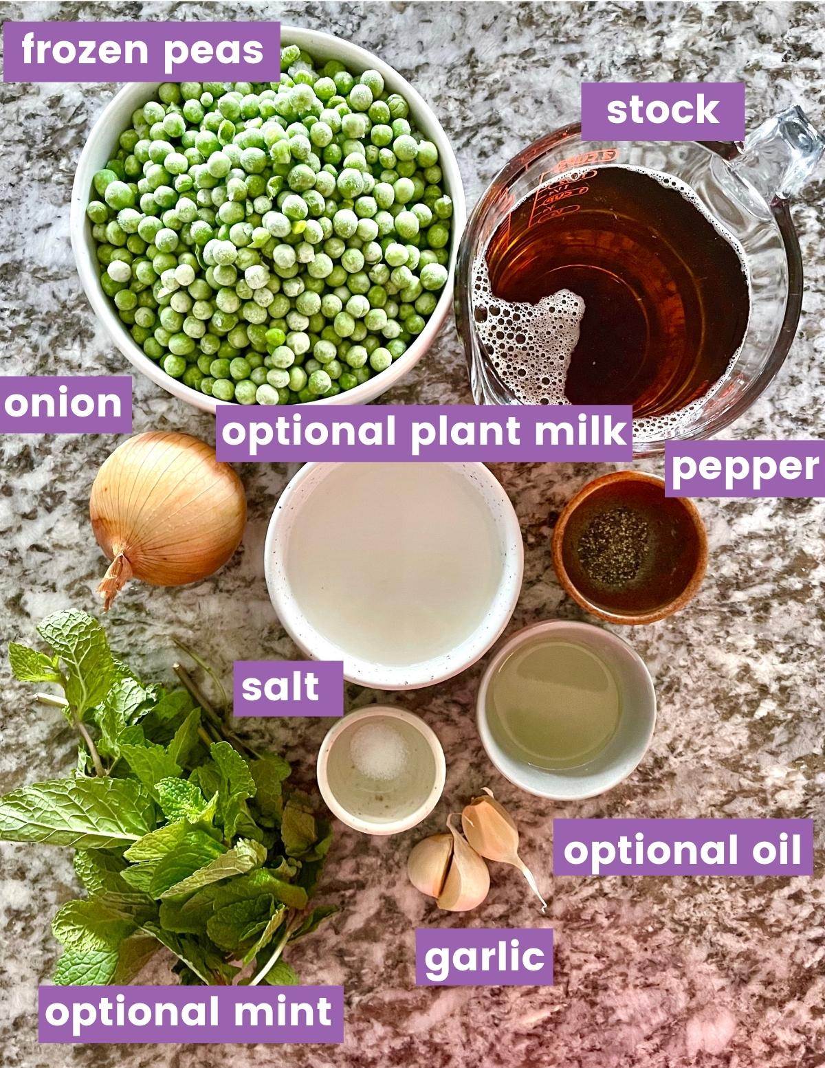 ingredients for vegan pea soup as per the written ingredient list