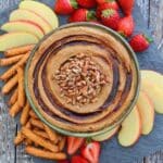 a bowl of snickerdoodle hummus with pretzels and fruit