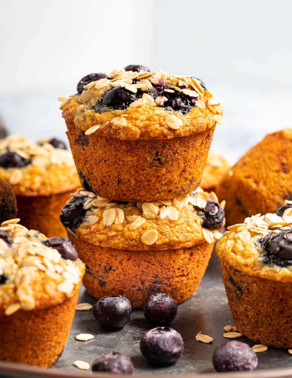 2 banana oatmeal blueberry muffin stacked