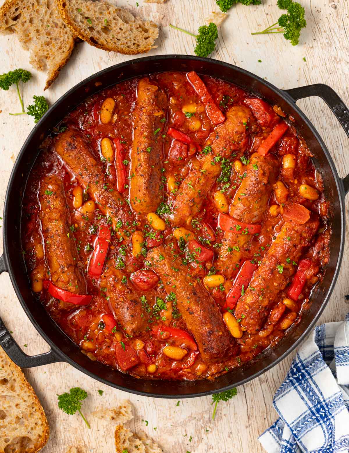 vegan sausage casserole in a skillet