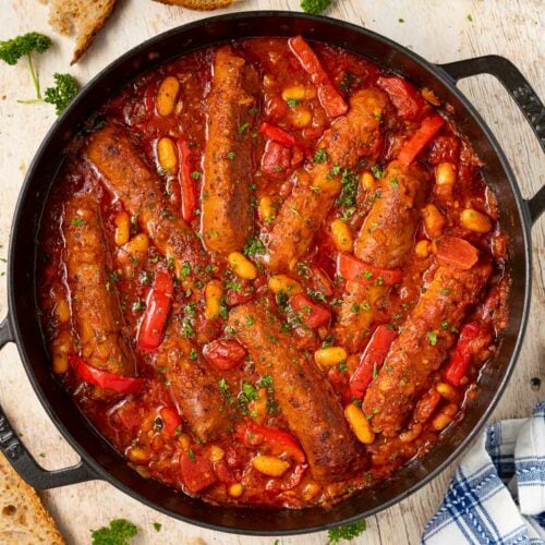 vegan sausage casserole in a skillet